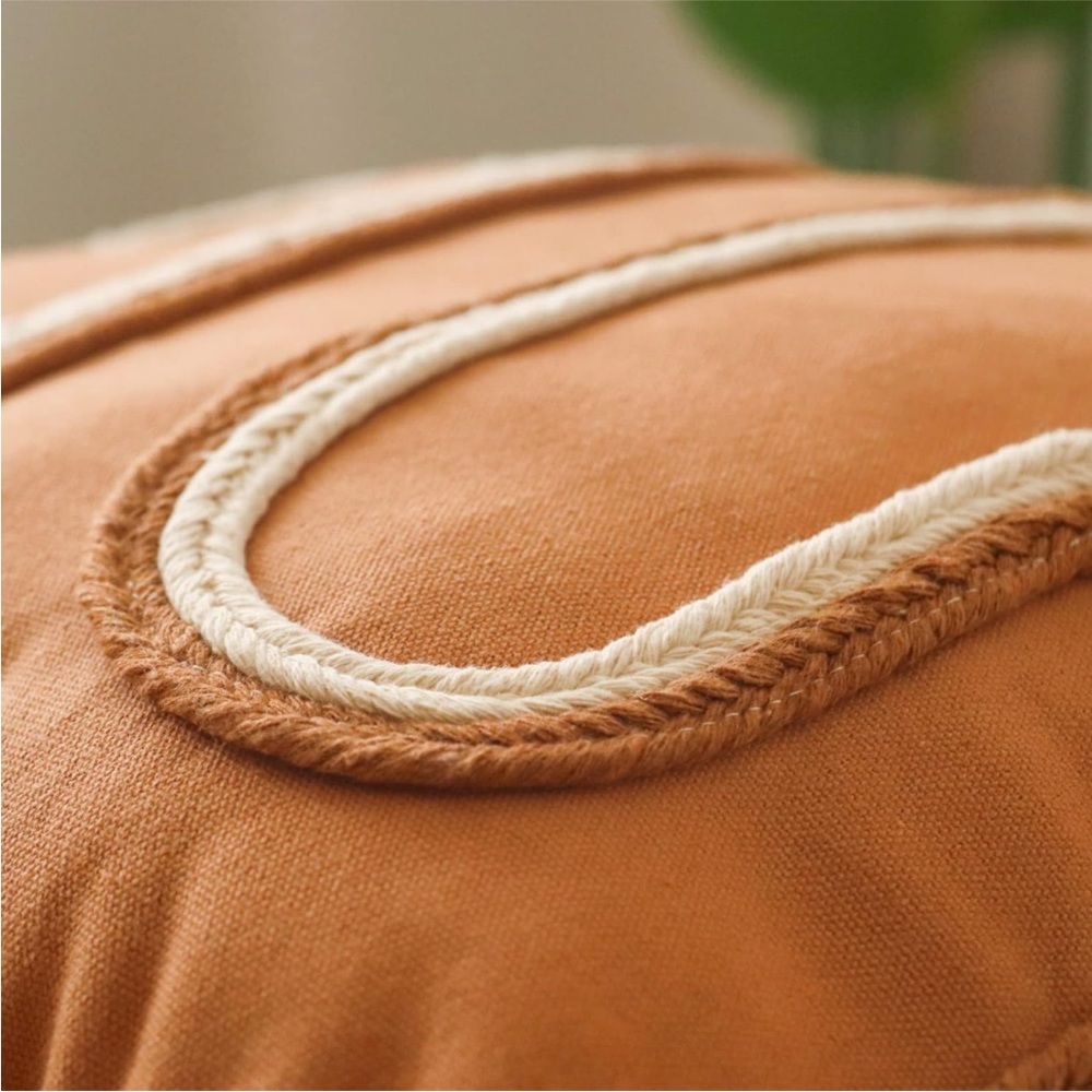 Braided Mid Century Orange Pillow Case Fringed Neutral Textured Boho Farmhouse - Picture 4 of 8
